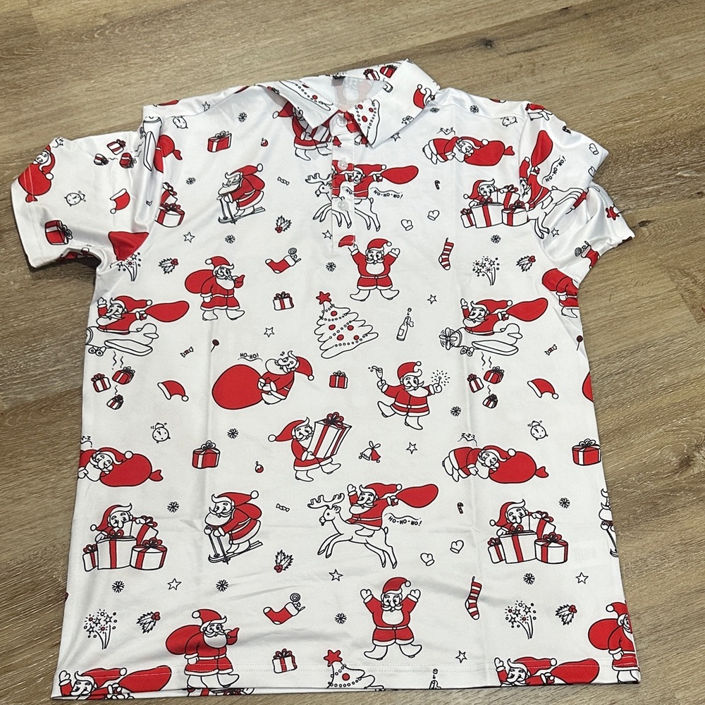 White and Red Santa Print Holiday Polo - golf shirt